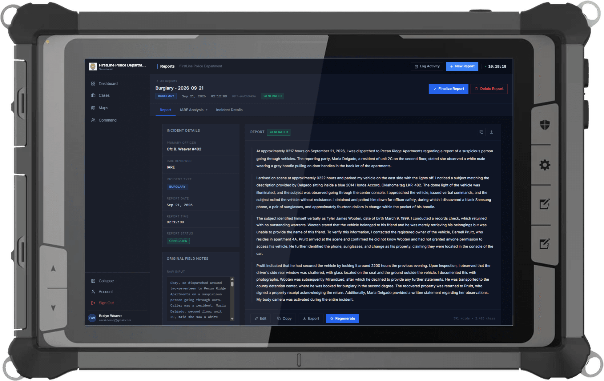 A generated incident report open in Narrative AI on a rugged patrol tablet